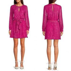 LDT Size 6 Pink Sequined Long Sleeve Short Dress Belted Pockets Cocktail A-Line
